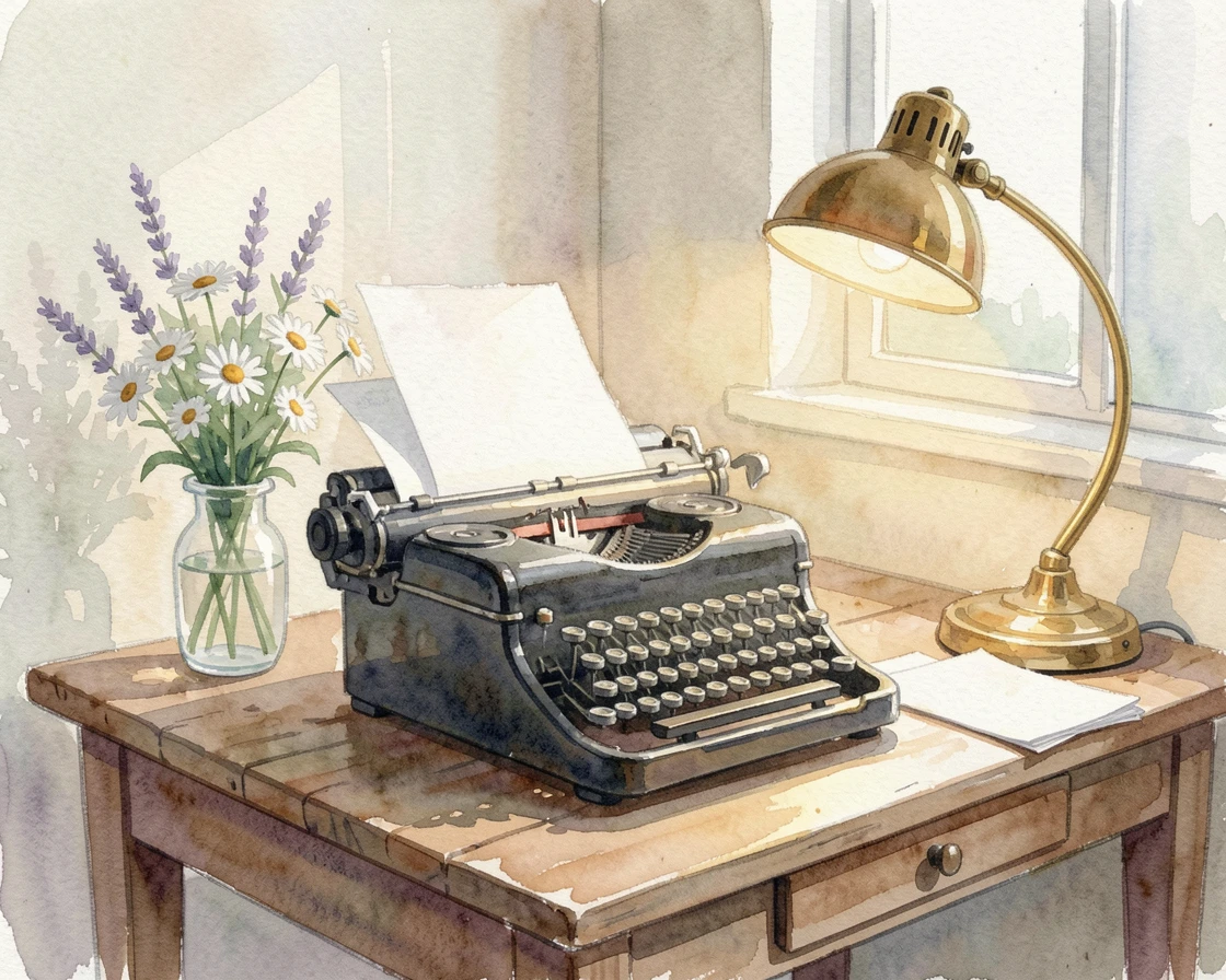 A home office with a vintage typewriter and desk lamp with a vase of fresh flowers on the table.