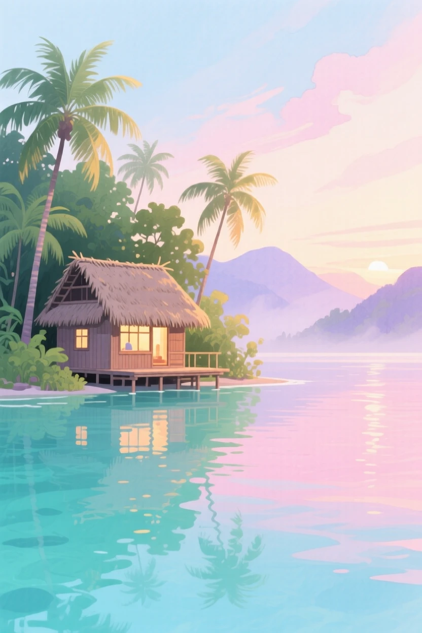 A breathtaking view of a tropical lagoon at first light, with a rustic cabin tucked among the trees