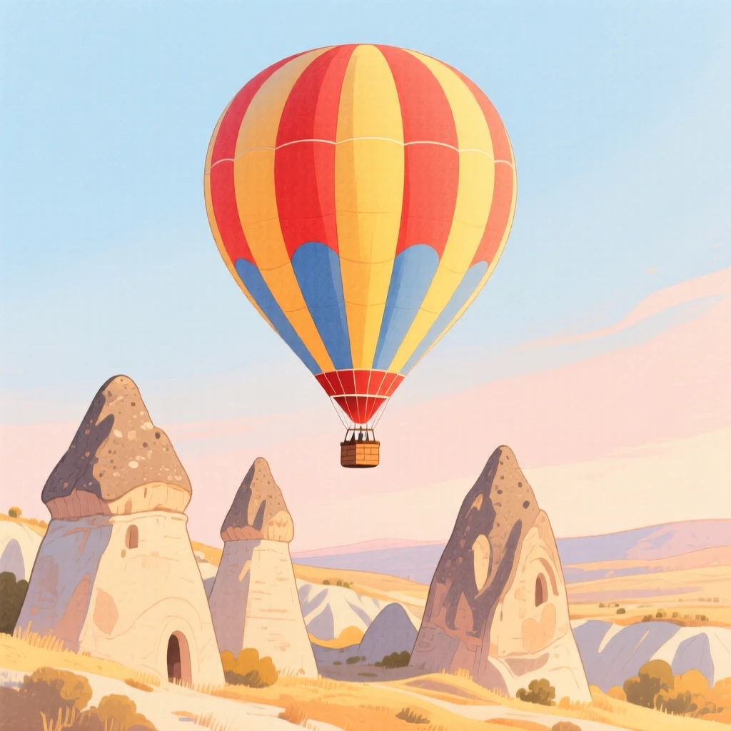 A hot air balloon rising over Cappadocia's stone chimneys, glowing in warm afternoon light.