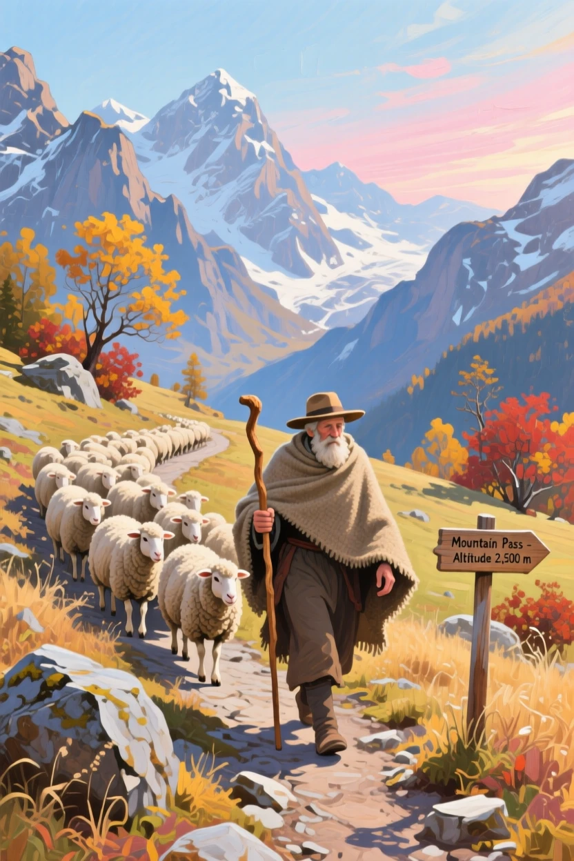 a shepherd leading sheep through a high mountain pass, on a clear autumn morning, with a balanced, spacious view of the surroundings.