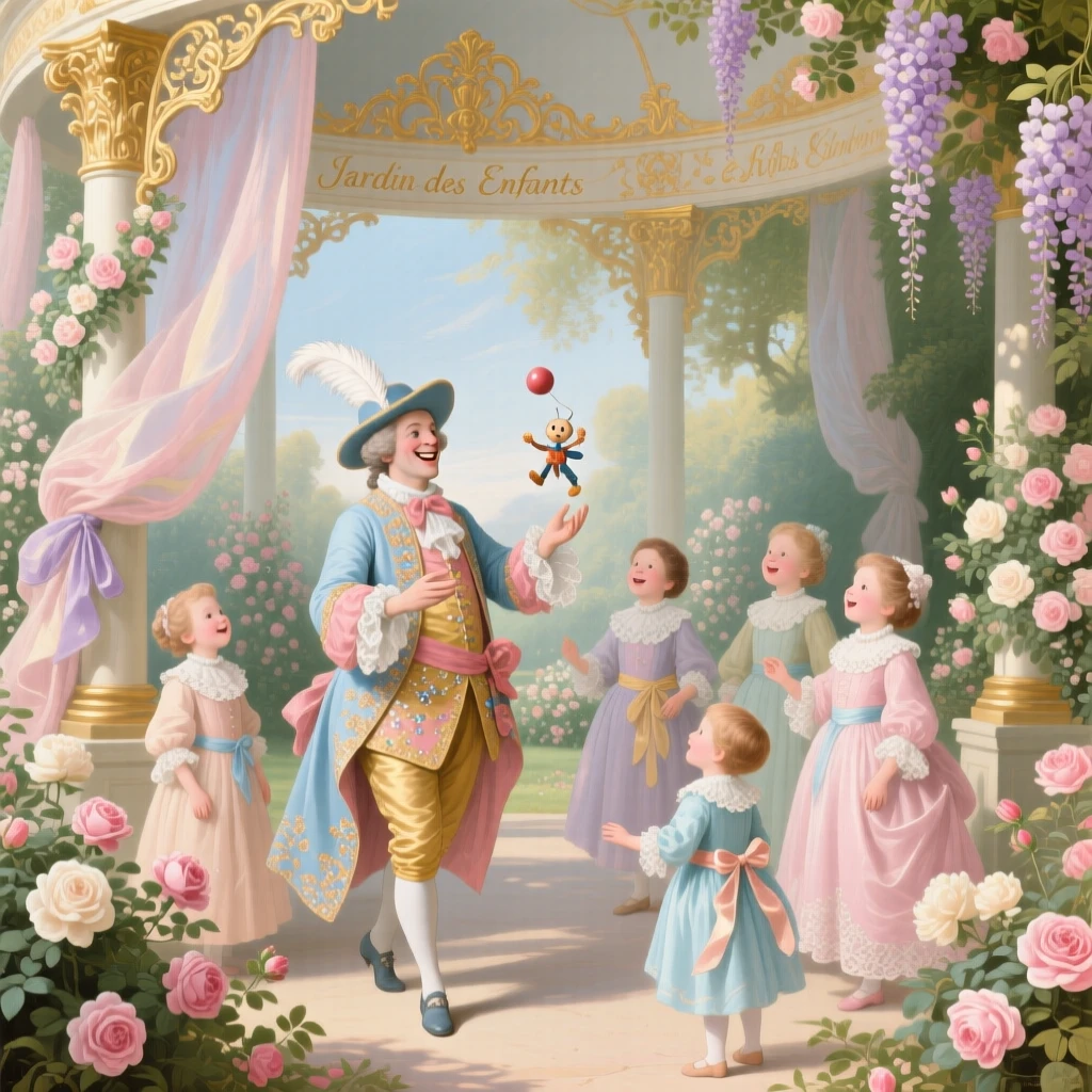 A court jester entertaining laughing children beneath an ornate garden pavilion  