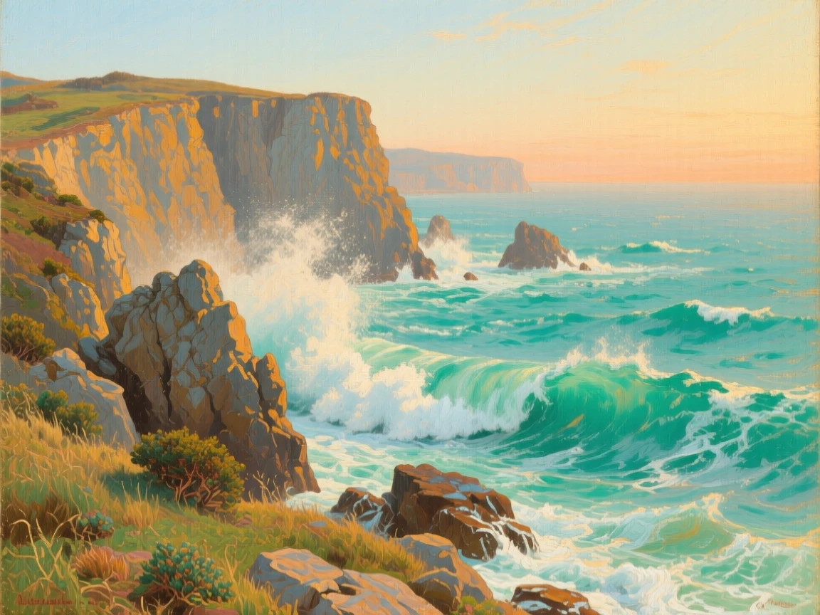 A dramatic sea cliff battered by crashing turquoise waves, as golden hour light spills across the entire scene, showing nature at its most breathtaking and unspoiled