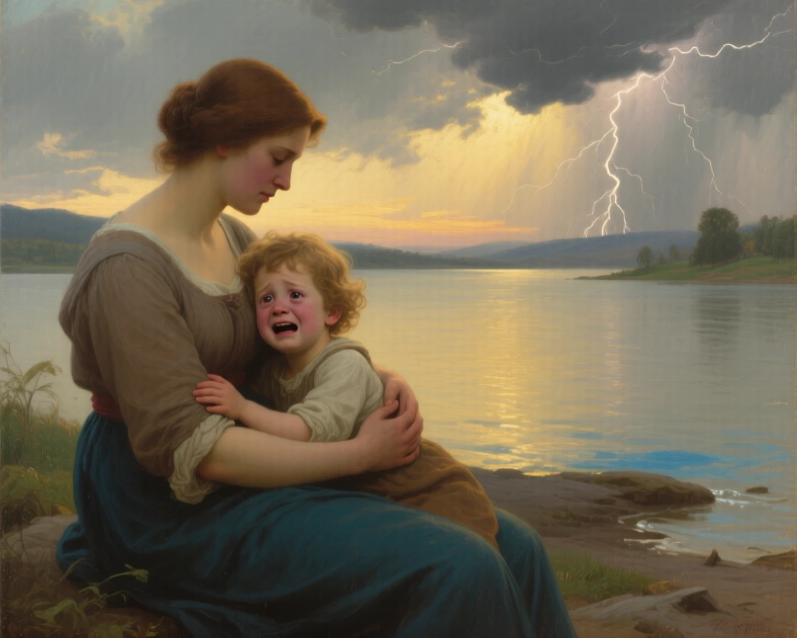 A mother comforting her frightened child during a thunderstorm in a scene glowing with warmth and quiet devotion, set beside a lakeshore glowing under a soft evening sky, with soft golden light catching genuine, unguarded smiles; the arrangement of figures suggests closeness without crowding, radiating warmth, comfort, and belonging.
