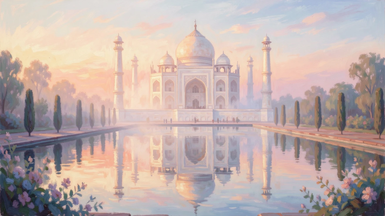The Taj Mahal reflected in a still pool at sunrise, mist rising gently around the white marble domes.