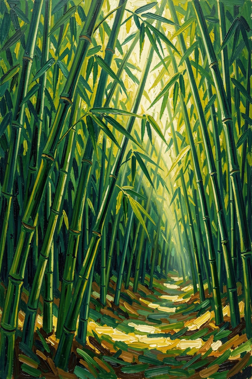 A bamboo forest with tall green stalks swaying gently, sunlight breaking through in narrow beams.