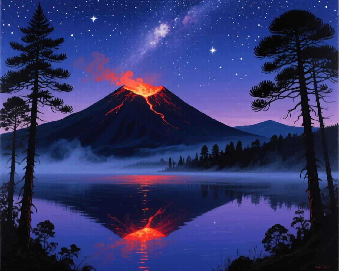 Volcán Villarrica smolders faintly against a starry Chilean night, its glowing crater reflected in a still lake, silhouetted araucaria trees framing the scene on either side, the air carrying a faint mist that softens distant shapes without obscuring the overall view.