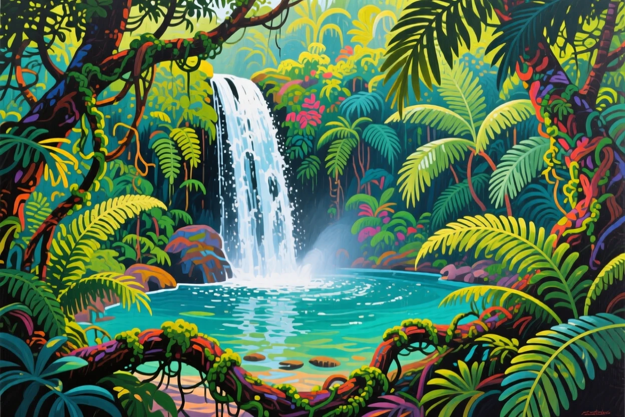 A tropical waterfall pouring into a hidden jungle pool, thick vines and ferns framing the scene