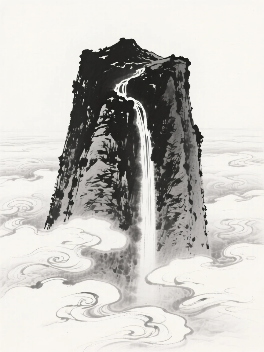 a solitary granite summit, rising above a sea of clouds, with a waterfall cascading down its face.