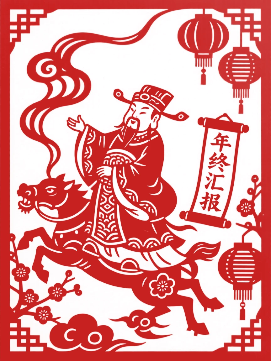 The Kitchen God ascending to heaven on New Year's eve to report the family's deeds, riding a wisp of smoke