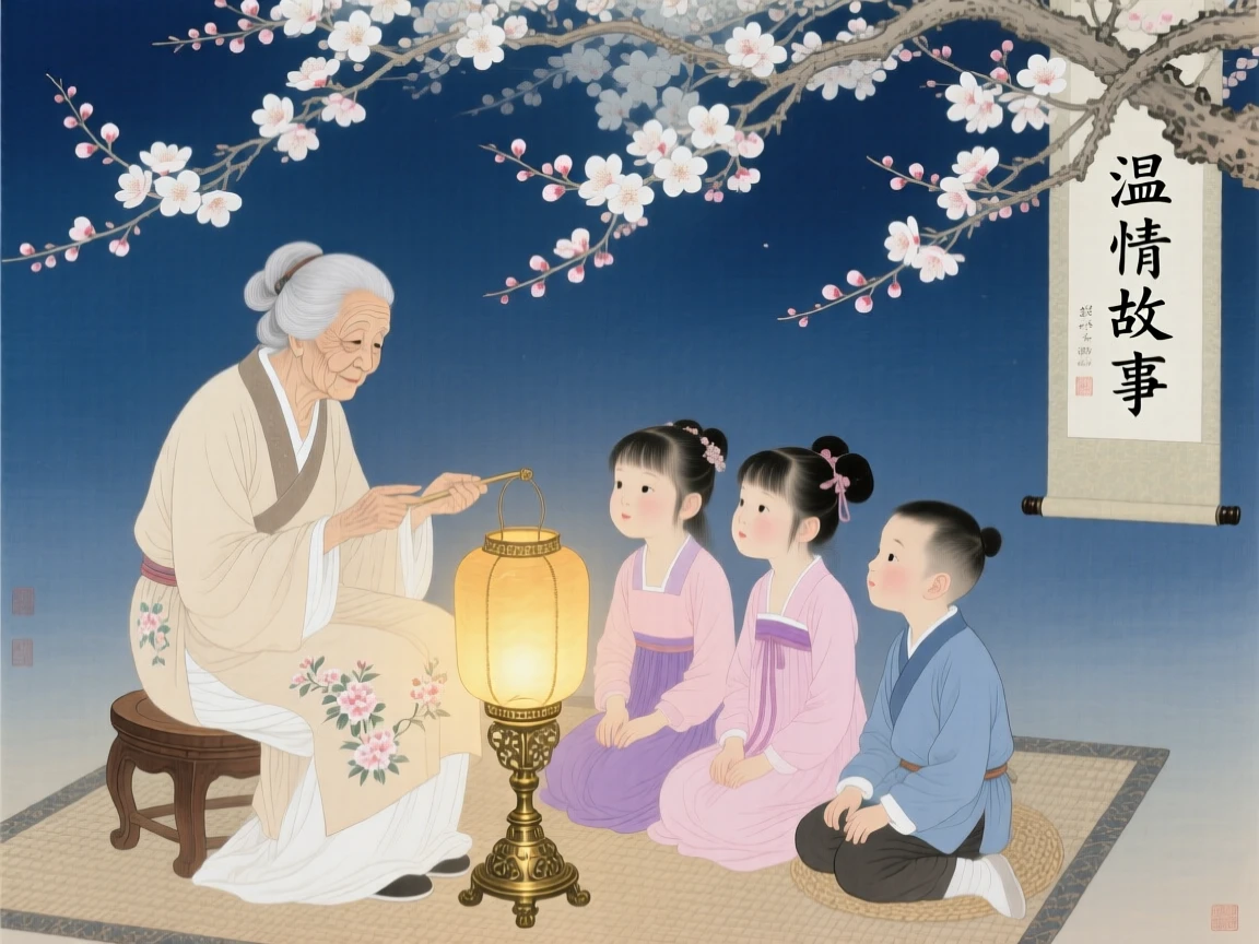A grandmother telling stories to her grandchildren beside a warm lantern, beneath a canopy of blossoming trees