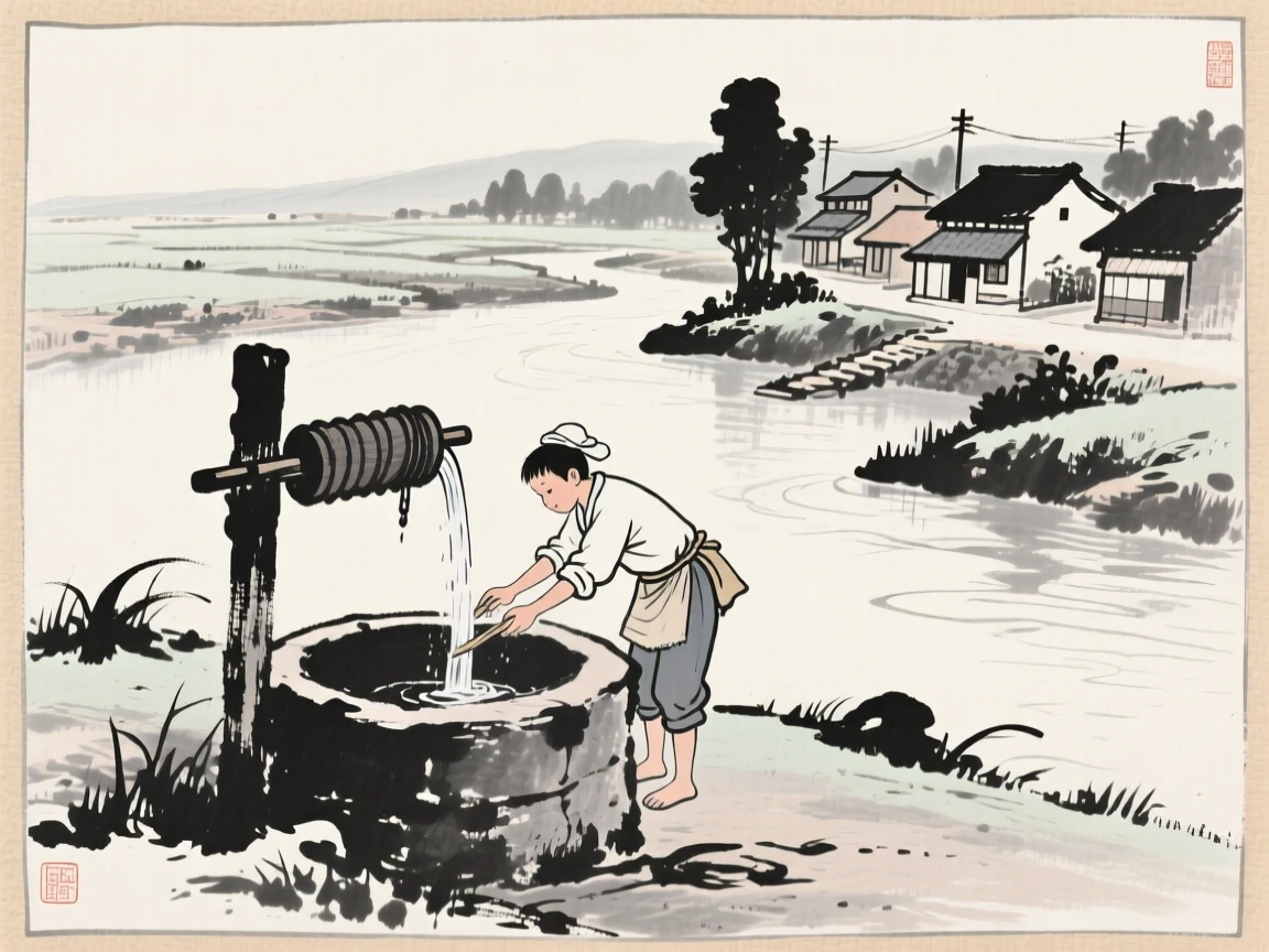 A young farmer drawing water from a village well in a small riverside village, framed small within a vast, quiet landscape, conveying quiet devotion and simple contentment.