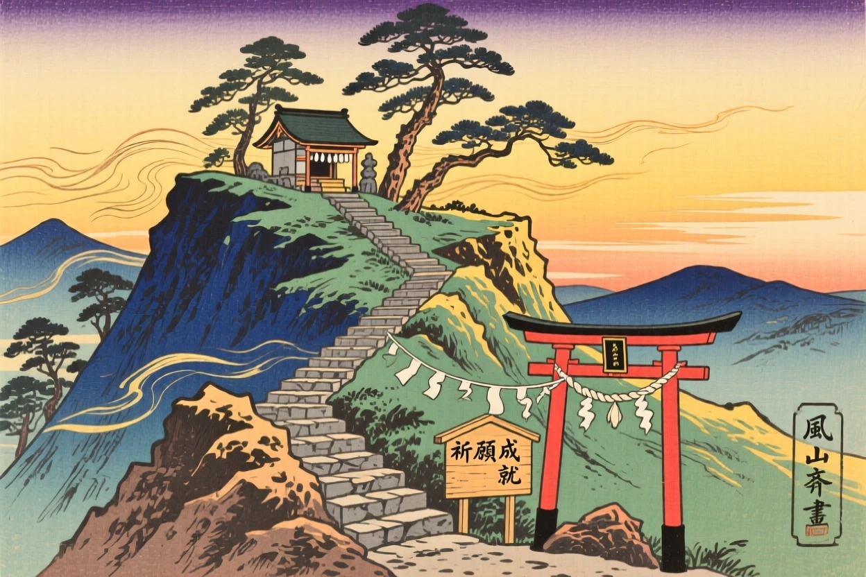 A windswept alpine ridge, with a winding stone staircase to a hilltop shrine, in golden late-afternoon light.