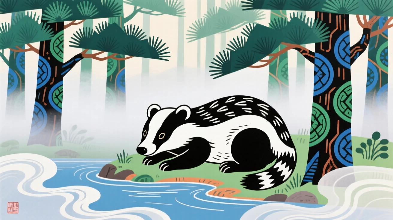 A badger resting in a misty pine forest, as morning mist rises from the water.