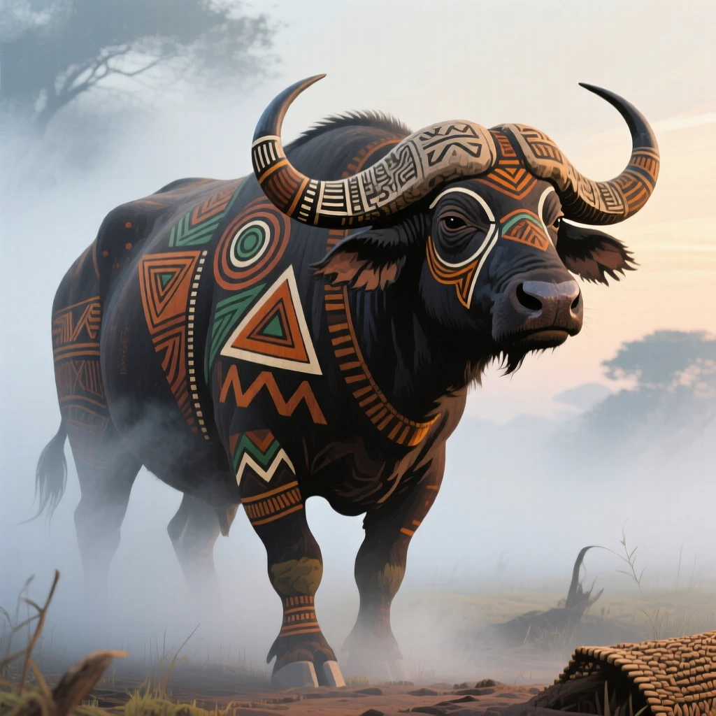 An African buffalo emerging from the morning mist.