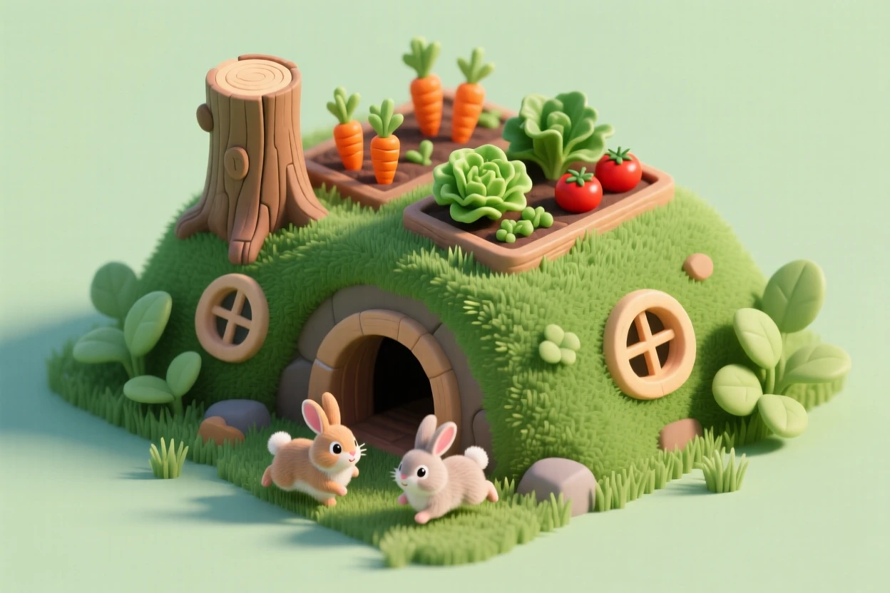 An underground burrow home with round windows peeking above the grass, a chimney disguised as a tree stump, garden vegetables growing on the roof, and rabbits hopping nearby.