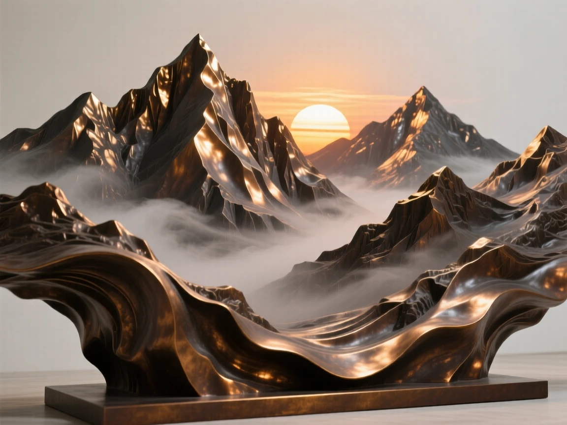 A dramatic sunrise breaking over misty mountain peaks, with soft mist adding a dreamlike quality, offering a breathtaking sense of place