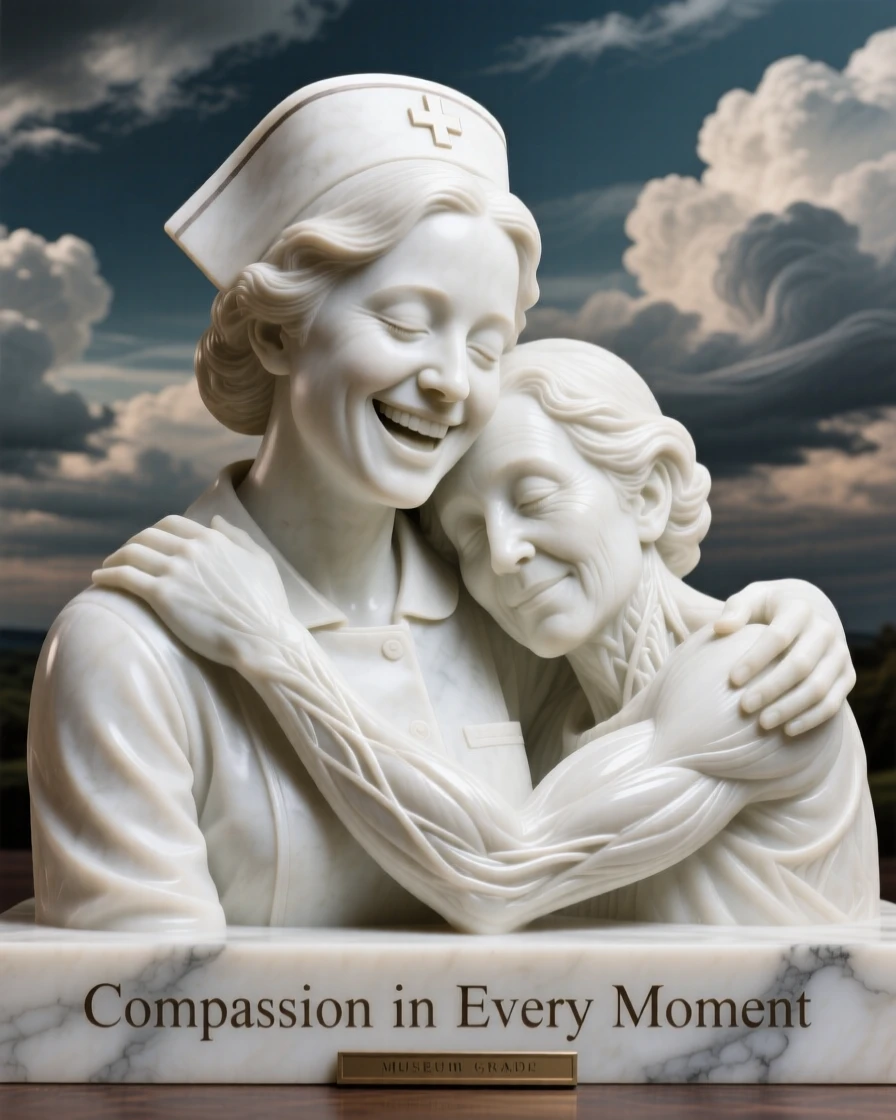 A close-up portrait of a nurse comforting a patient, caught mid-laugh with eyes closed, silhouetted against a dramatic sky, radiating quiet emotion and dignity