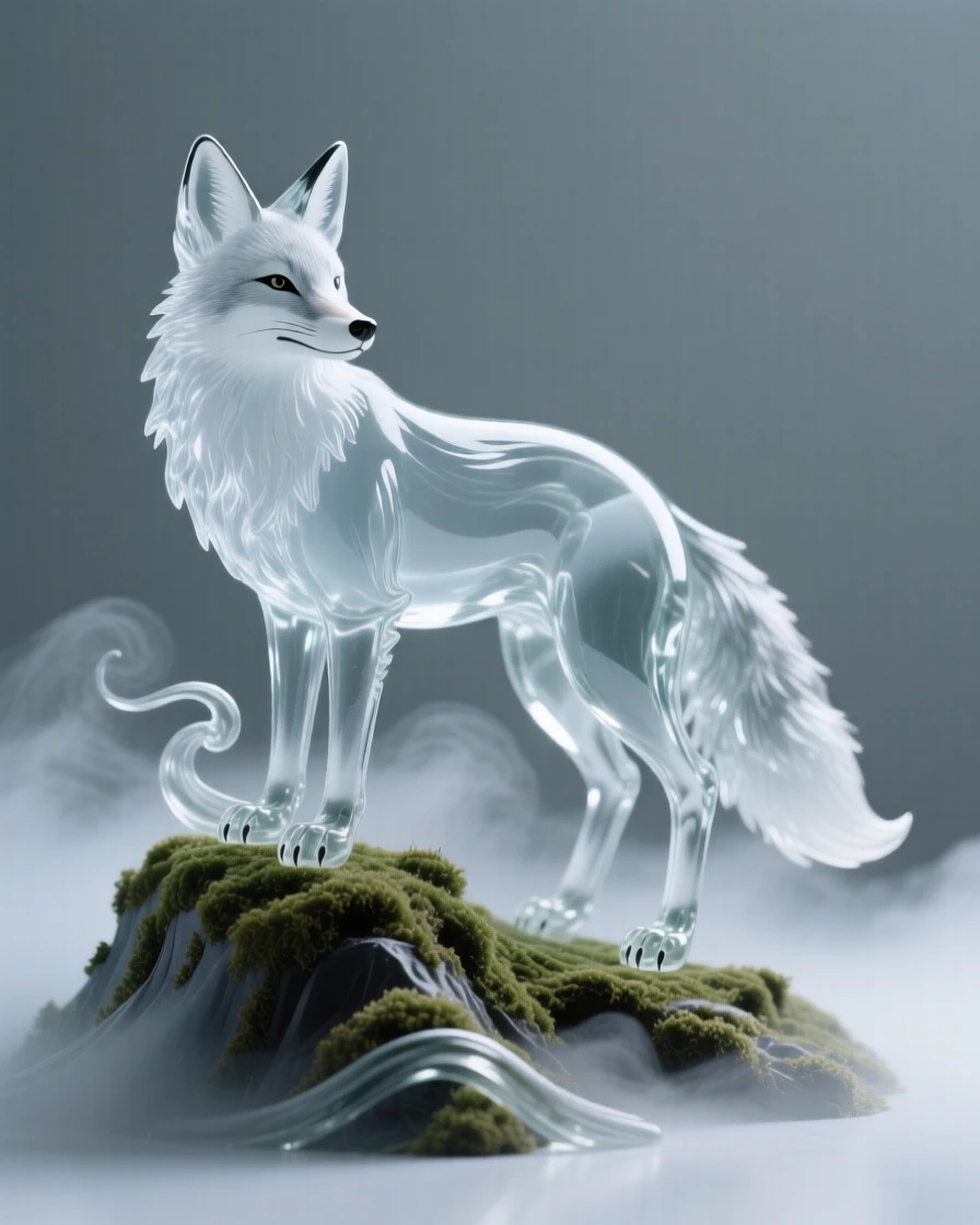 An arctic fox standing alert on a moss-covered ridge at first light, mist curling around its paws, the scene calm and quietly majestic.