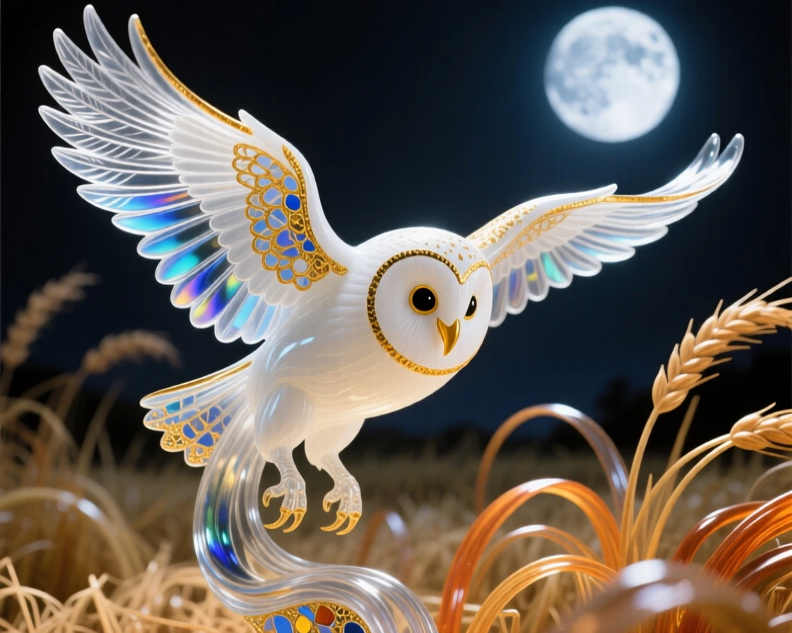 A barn owl swooping silently through moonlit hay fields, mysterious and graceful, wings spread in perfect symmetry.