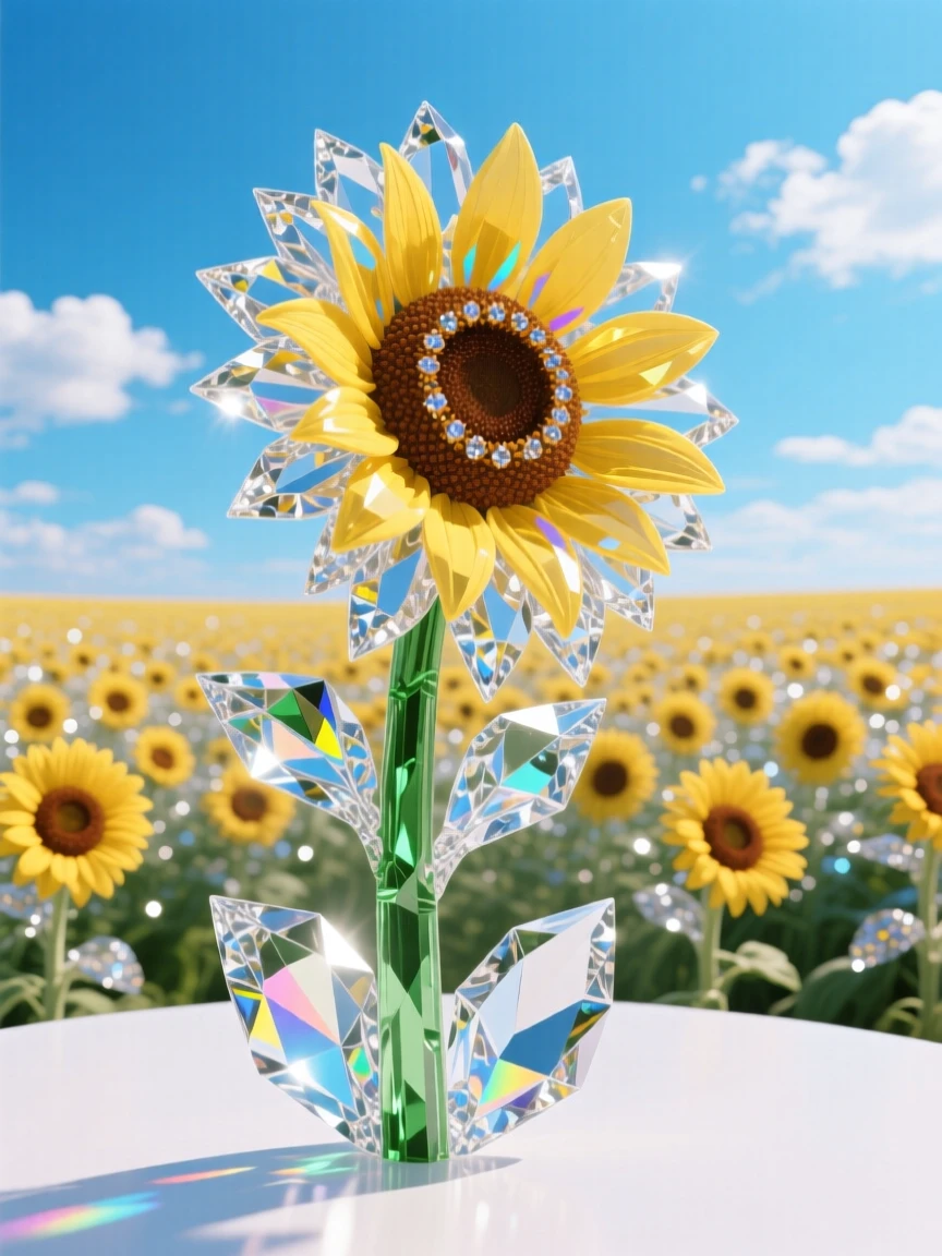 A field of sunflowers all facing the same direction under a brilliant blue sky with scattered clouds.