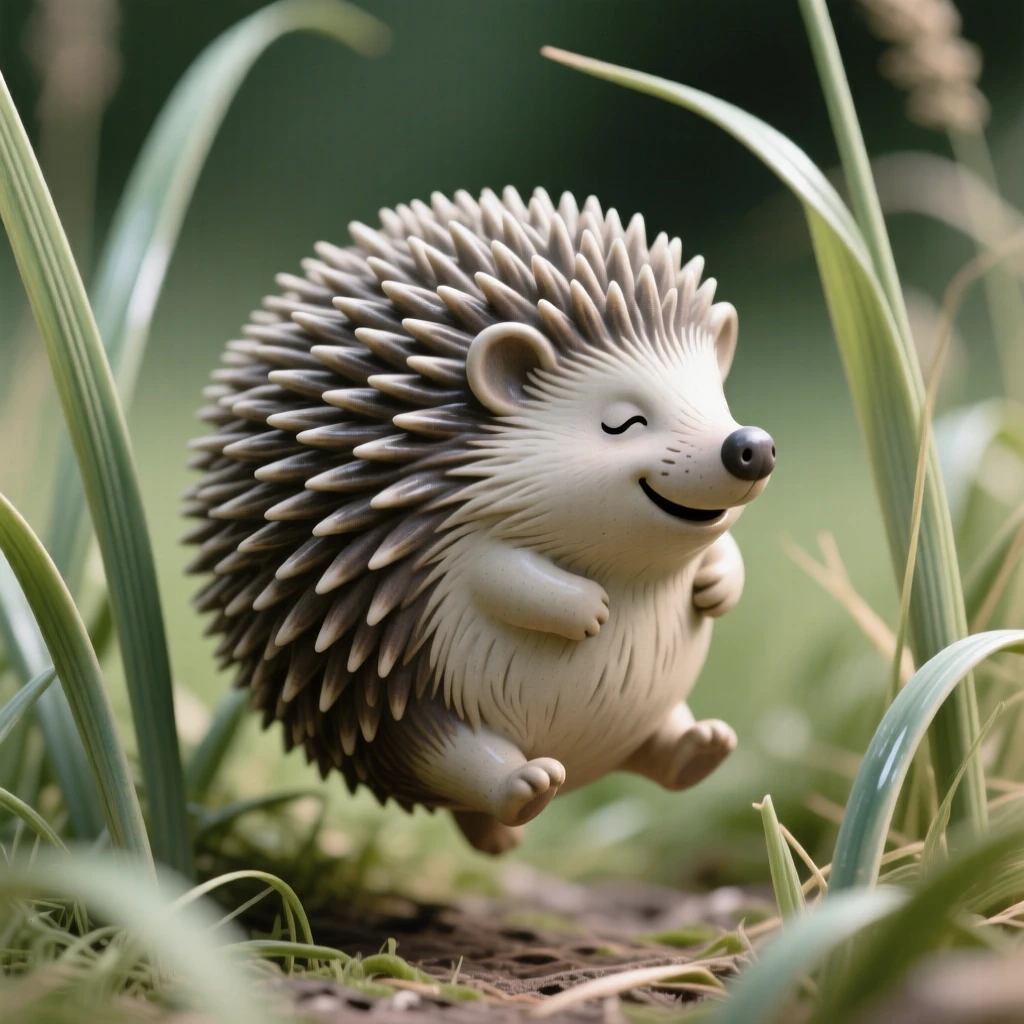 A hedgehog curled into a ball bounding joyfully through tall grass, with a soft breeze lifting its fur, offering a serene glimpse into nature's stillness.