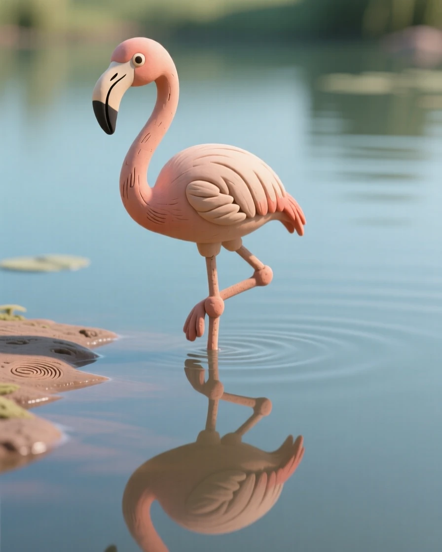A flamingo standing on one leg reflected perfectly in still lagoon water