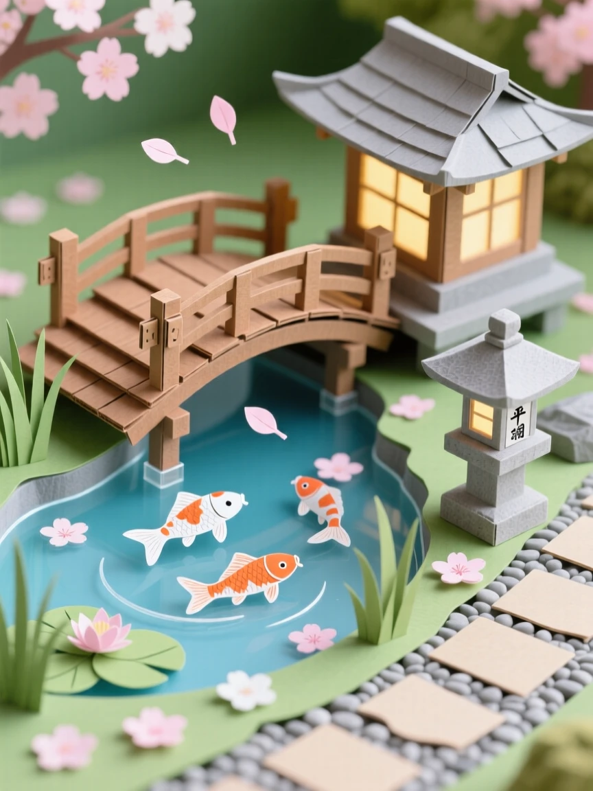 A tranquil japanese garden in spring, a curved wooden bridge over a koi pond, cherry blossom petals drifting on the breeze, and a stone lantern beside the path, suggesting peaceful renewal.