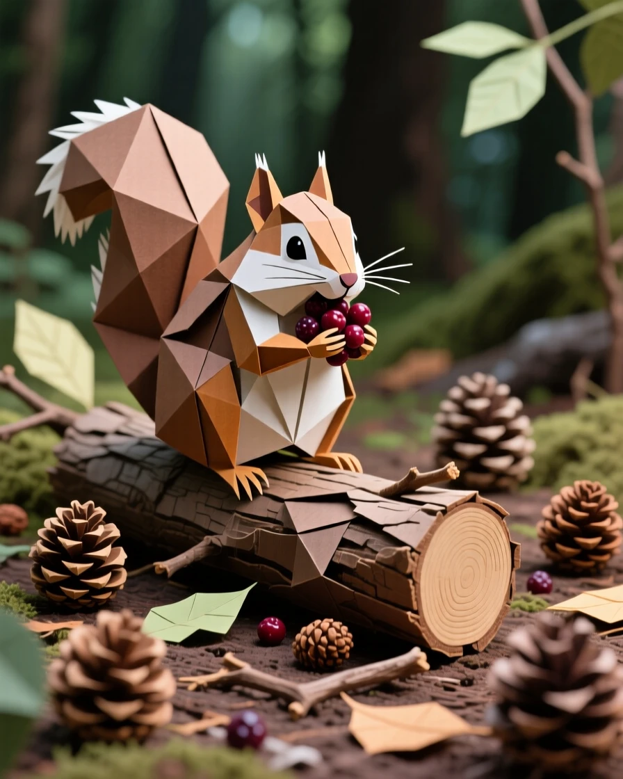 A chipmunk stuffing its cheeks with berries beside a fallen log, forest floor scattered with pinecones.