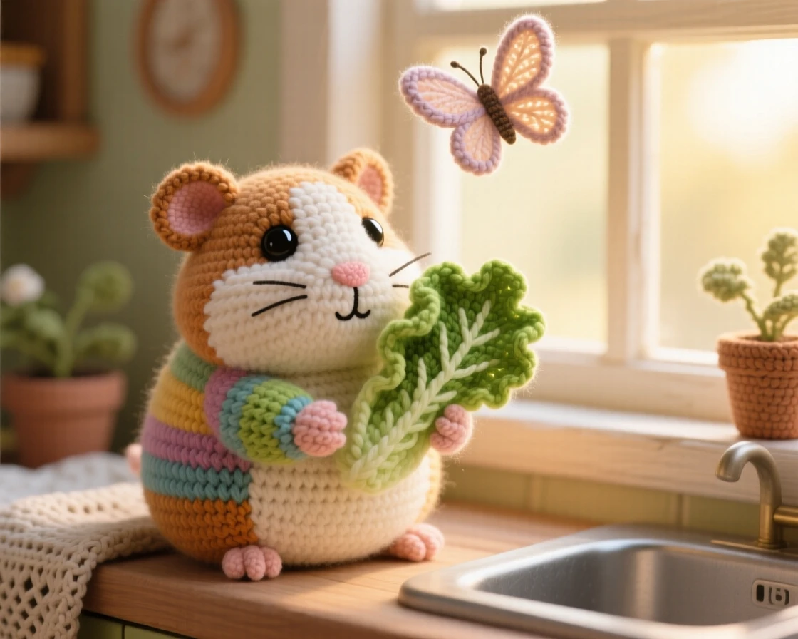 a plump guinea pig, with soft multicolored fur and round eyes, nibbling on a piece of lettuce held in both paws, set in a warm kitchen windowsill with morning light streaming in, with a single fluttering butterfly overhead, evoking warm affection and comfortable belonging.