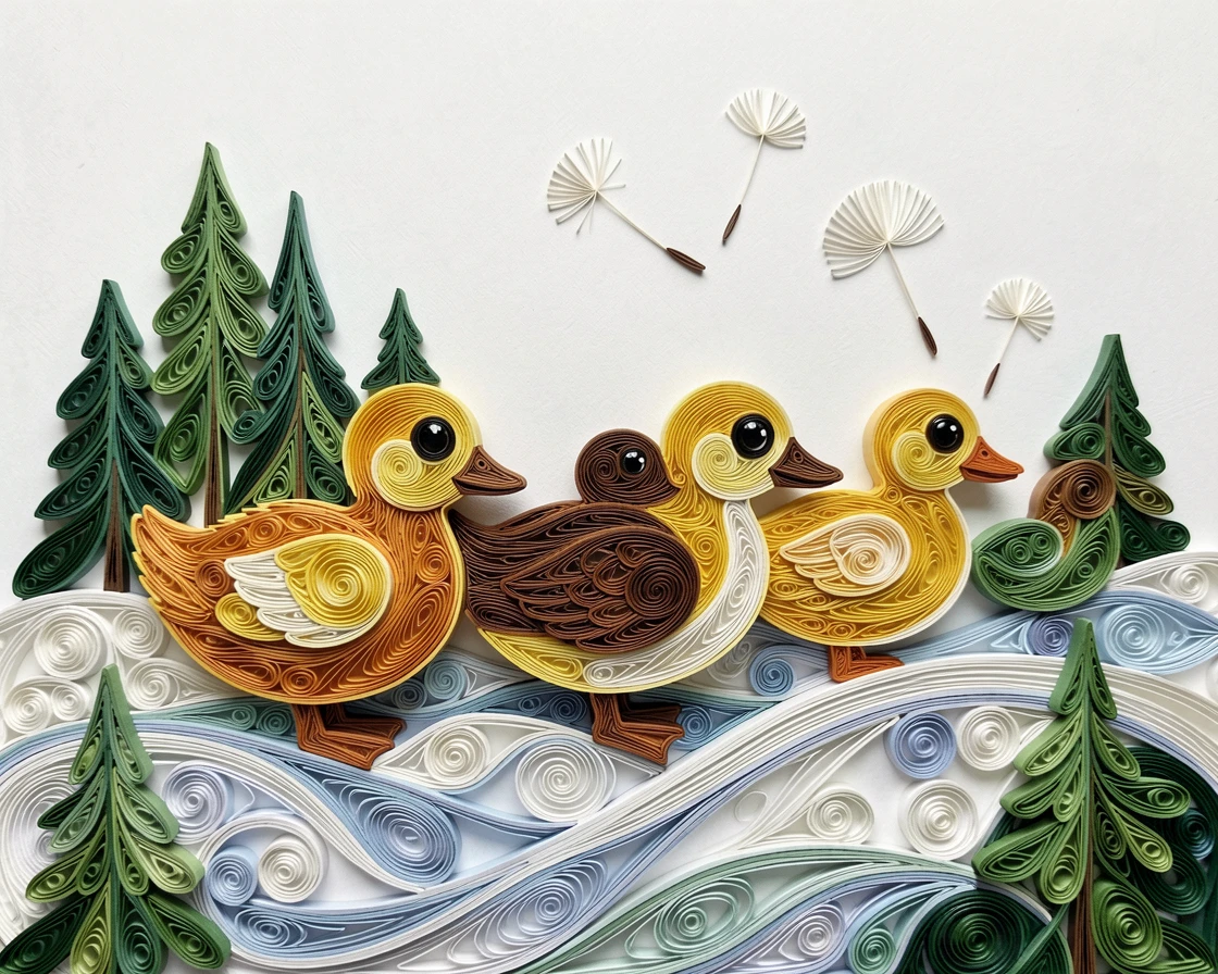 a duckling family paddling in a neat row, on a snowy hillside dotted with pine trees, with a shallow sense of depth drawing focus to the eyes, accented with a few floating dandelion seeds.