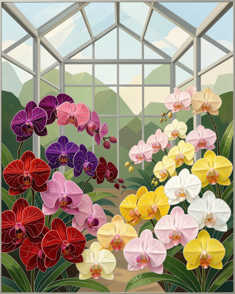 A greenhouse filled with exotic orchids in every color, with soft morning light and a gentle blur of background greenery.