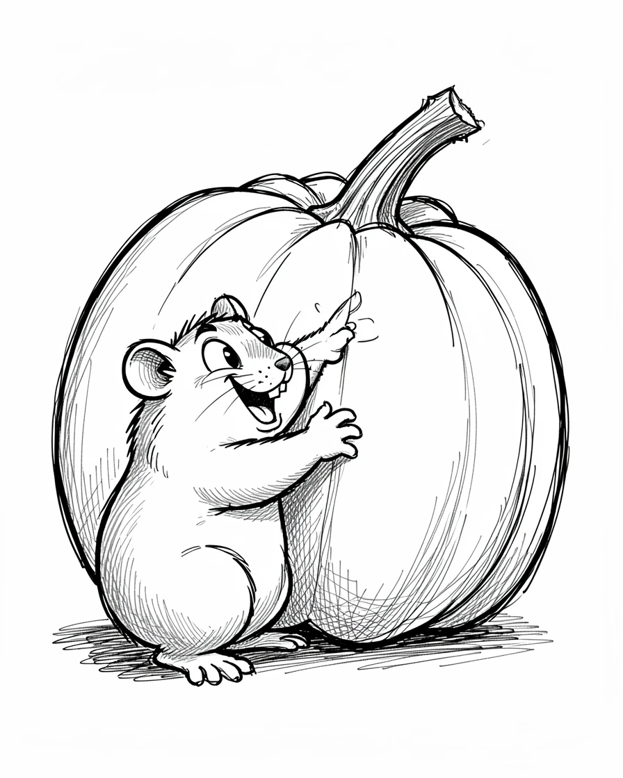 A chubby hamster trying to hug a pumpkin twice its size.