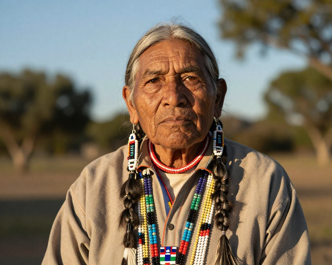 A tribal elder wearing traditional beaded jewelry