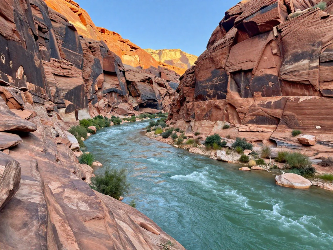 A canyon river winds turquoise between towering red rock walls.