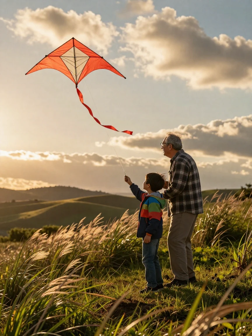 A grandfather showing his grandson how to fly a kite on a windy hilltop
