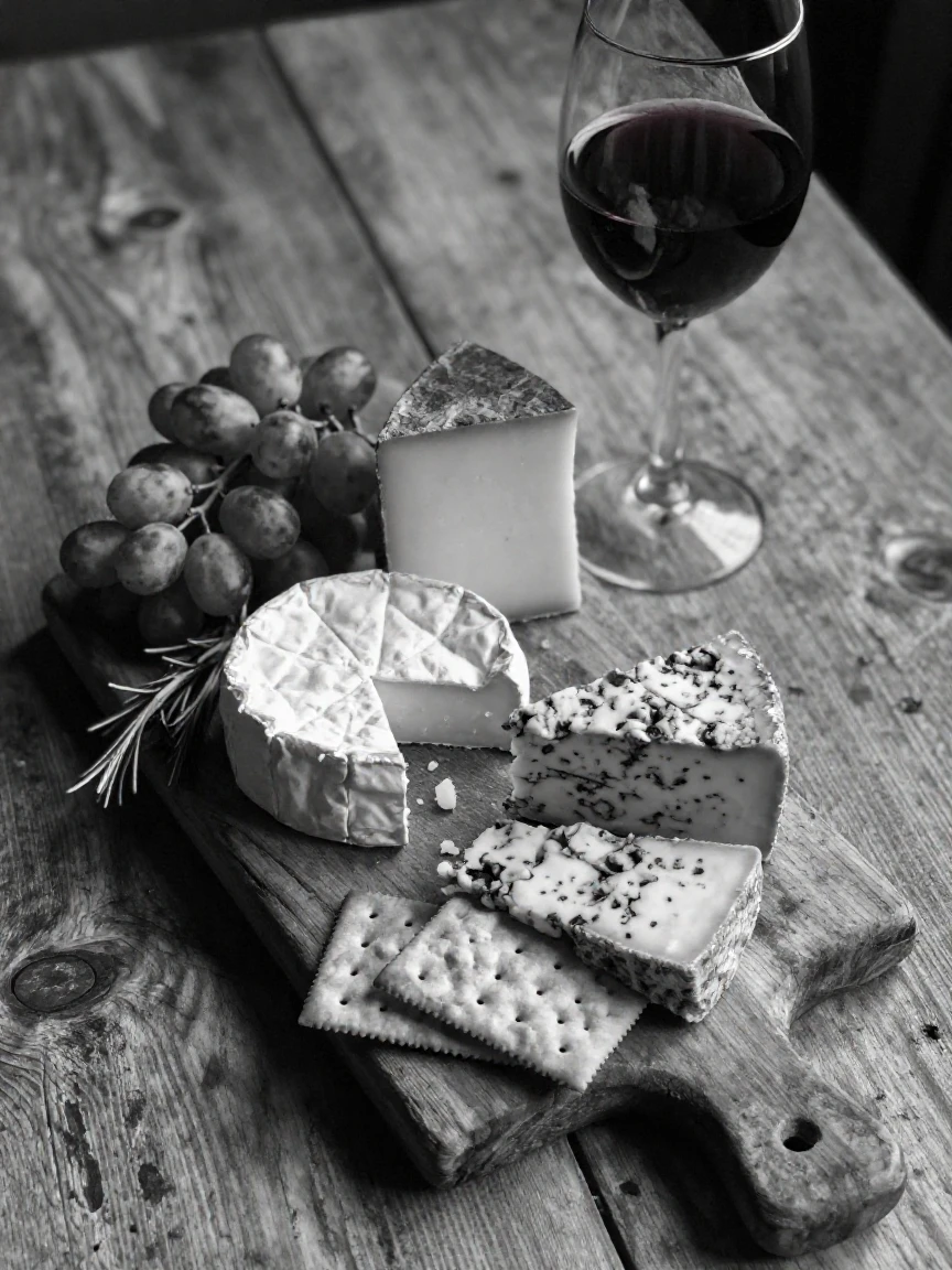 A rustic cheese board is paired with a glass of red wine on a rustic wooden table.