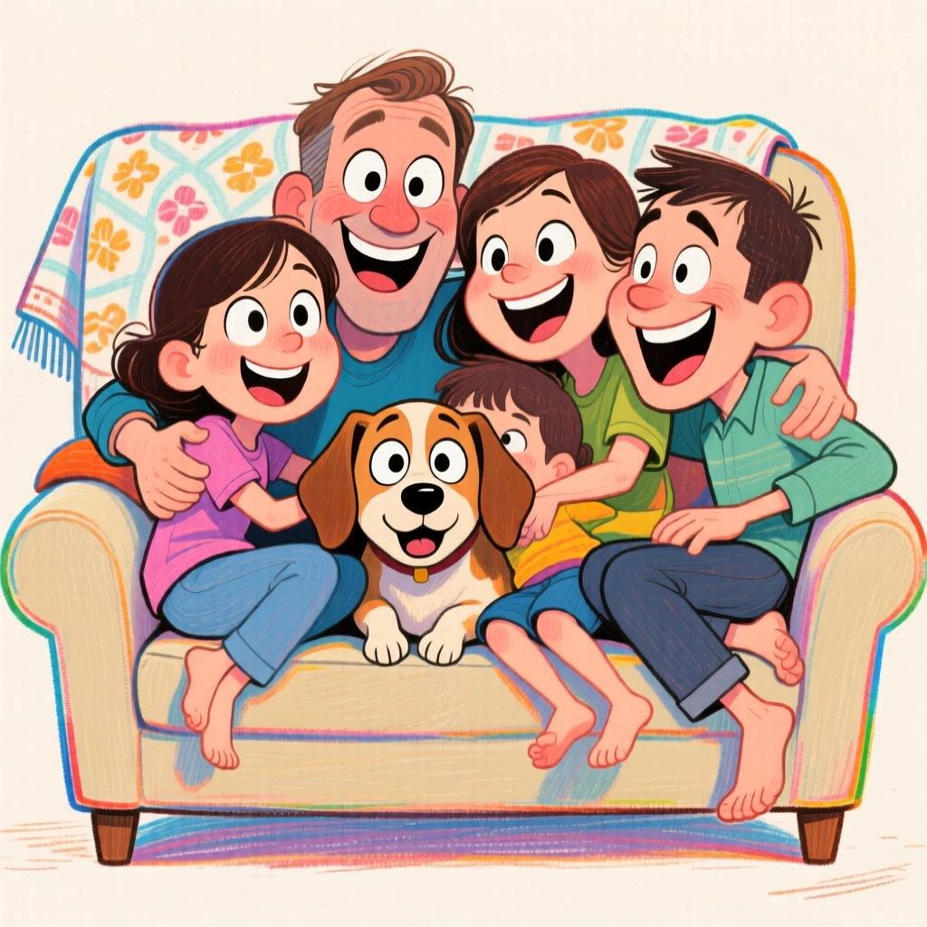 A family of five squeezed onto one couch for a photo, the family dog wedged in the middle.