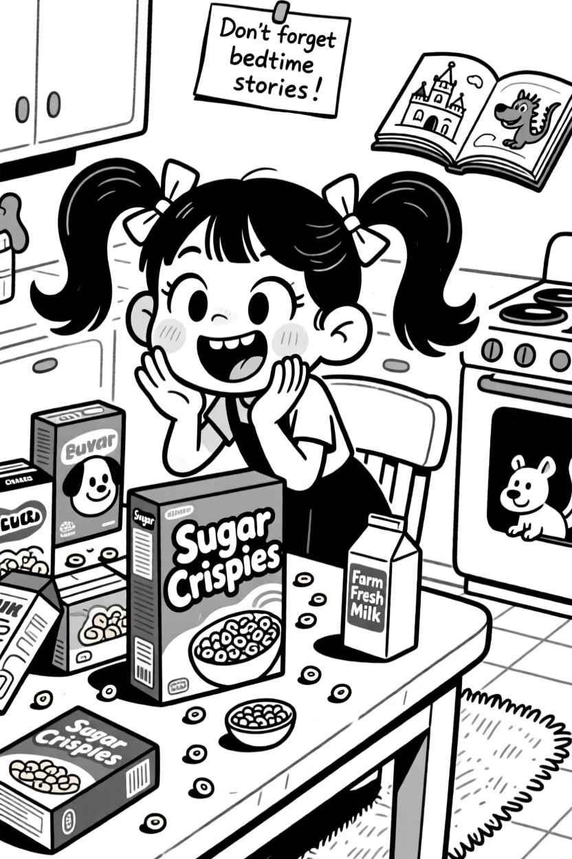A young girl with pigtails and a gap-toothed grin, whispering a secret behind cupped hands, set at a cluttered kitchen table covered in cereal boxes. A dog-eared storybook lies open on the rug. The image captures the joyful mess of home life.