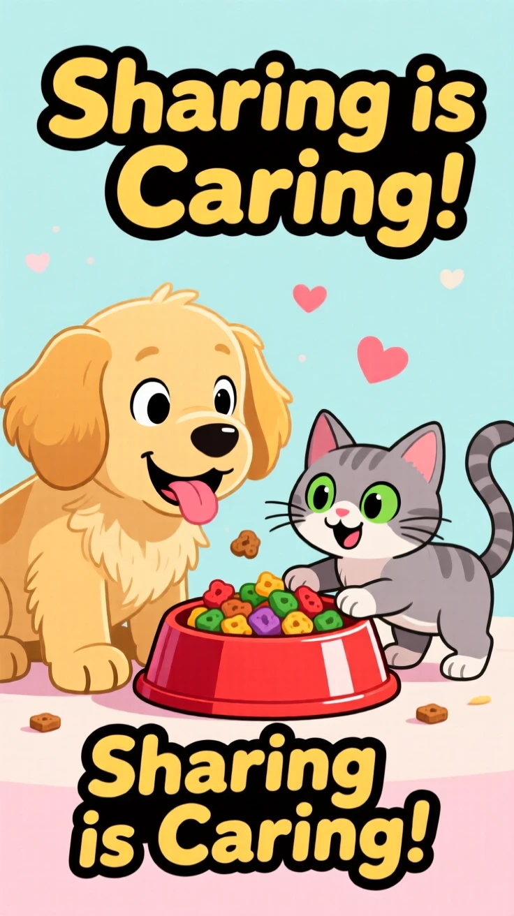 A golden retriever puppy and a kitten sharing one food bowl.