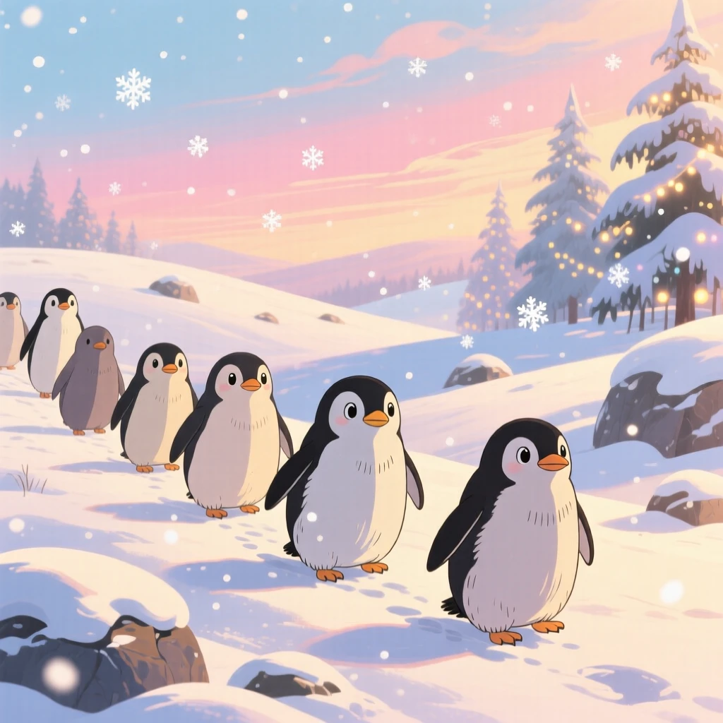 A group of penguins waddling across snow, with soft afternoon light warming its fur, radiating pure charm.