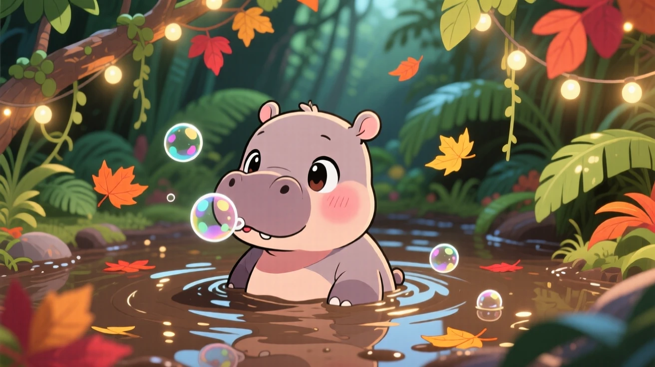 A round baby hippo blowing bubbles while soaking in a muddy pool, framed as a medium shot within a lush riverside jungle, with autumn leaves swirling around, glowing under warm fairy-light glow, evoking shy bashfulness.