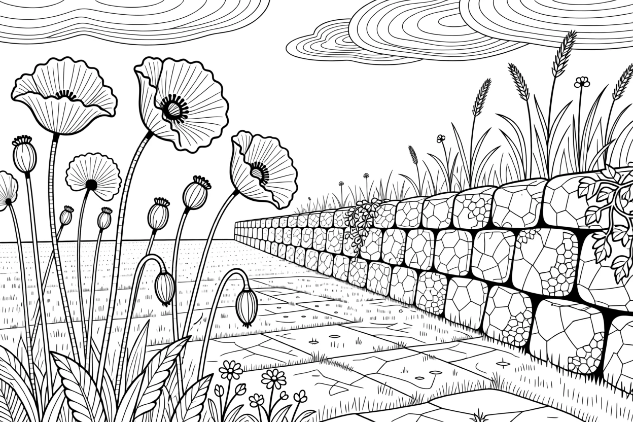 A field of poppies swaying beside an old stone wall.