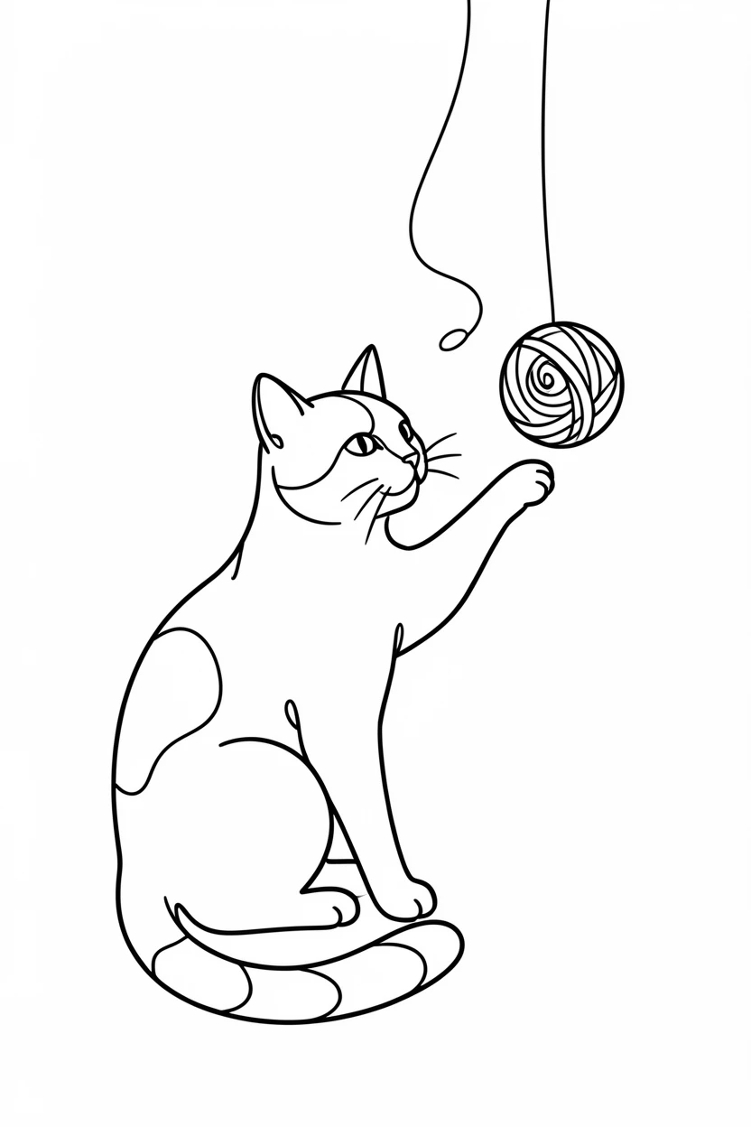 A calico cat batting playfully at a dangling ball of yarn