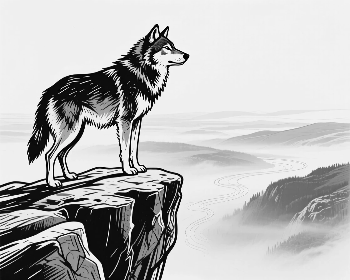 A wolf standing alone on a rocky cliff, looking out over a foggy valley.