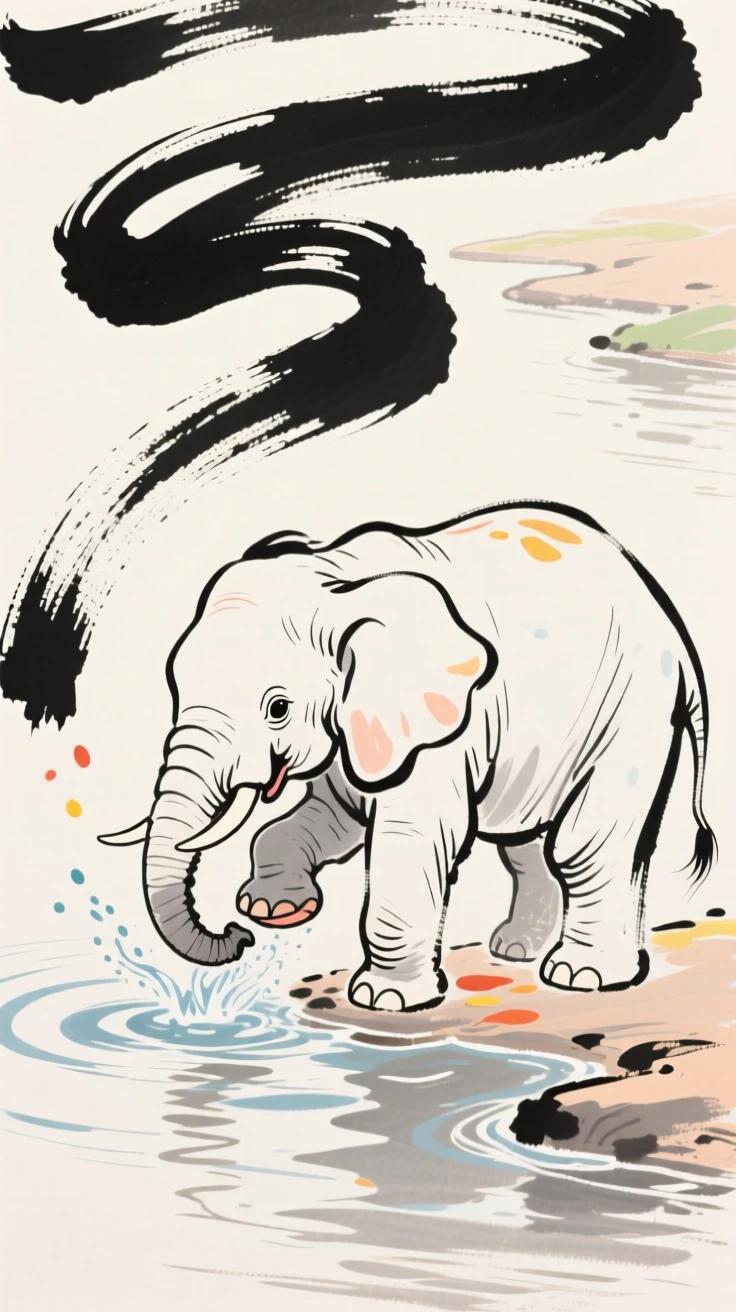 A baby elephant playing with water at the edge of a river.