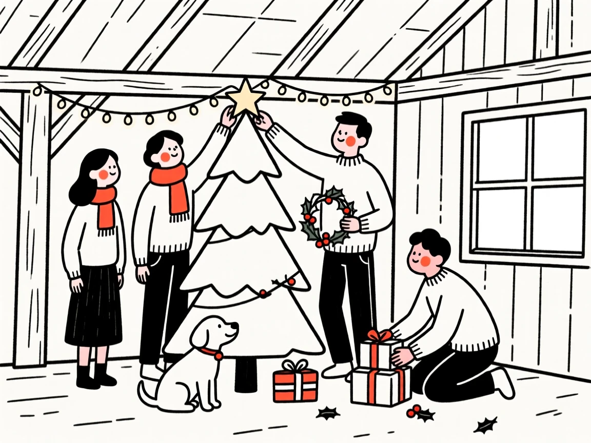 A group of friends decorating for Christmas, in a rustic barn.