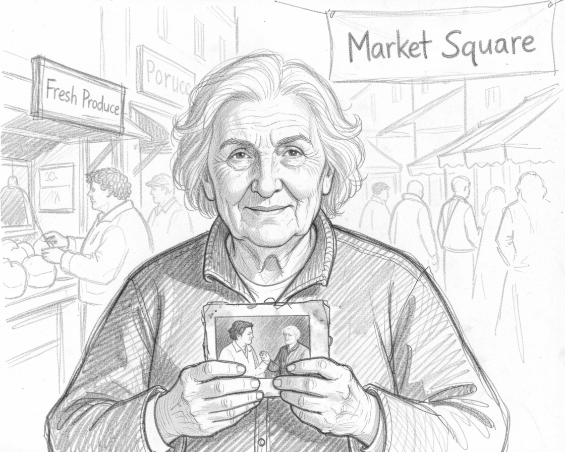 Close-up portrait of a wise elderly grandmother in a bustling market square, clutching an old photograph.