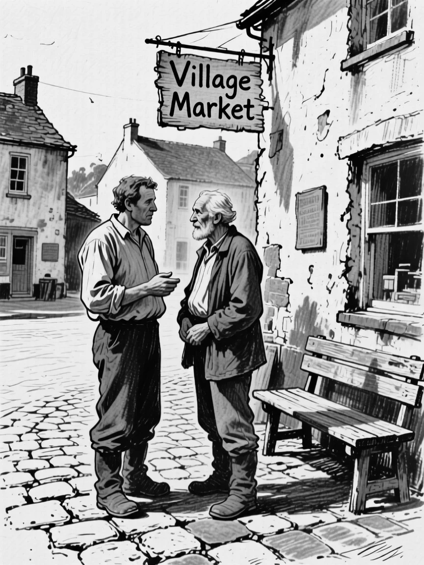 A farmer sharing a quiet moment of connection with an old friend, in a small village square.
