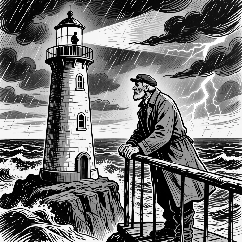 A lighthouse keeper gazing out at a stormy sea from the balcony of a tall lighthouse.