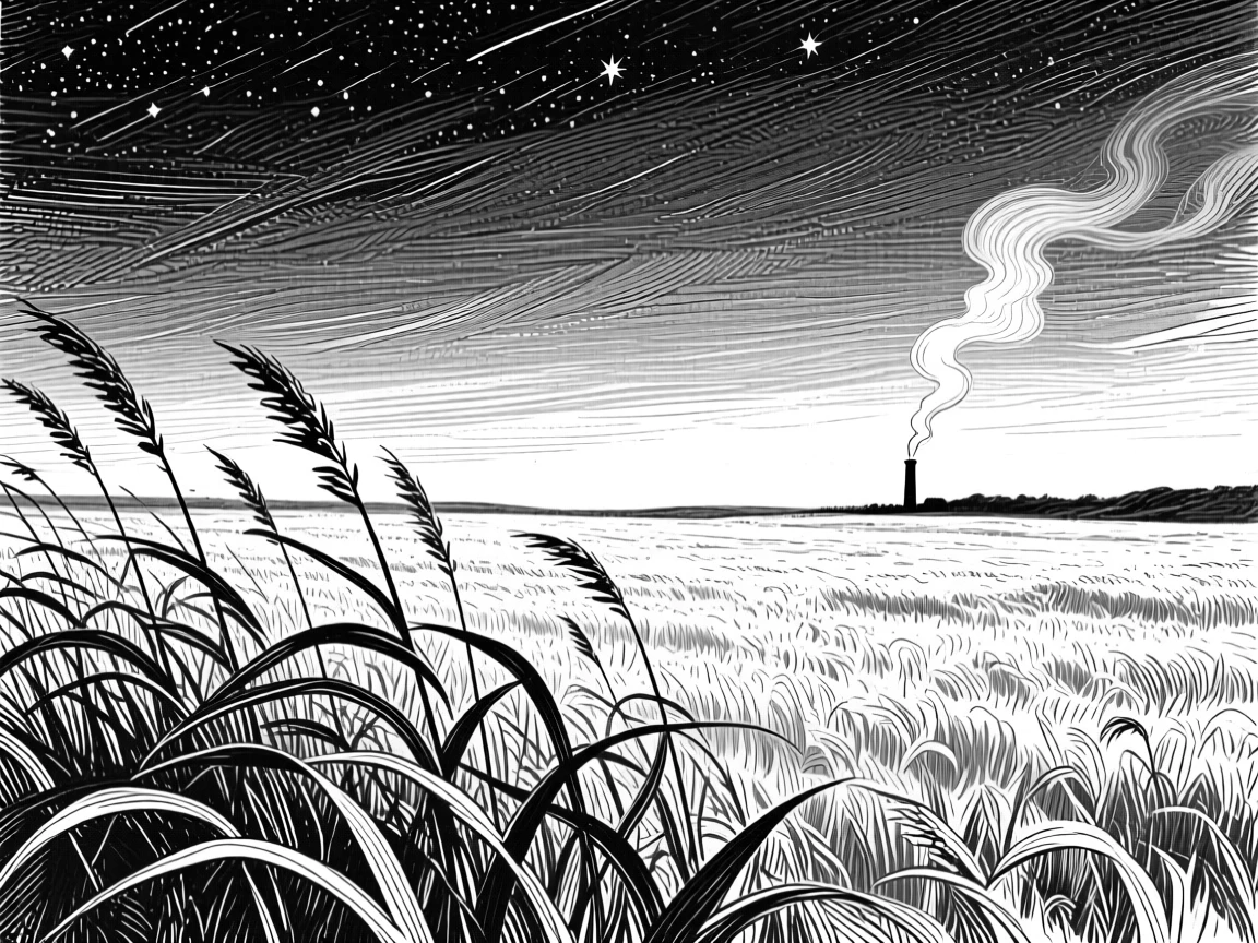 A field of wild grasses beneath a canopy of stars beginning to appear, with a thin trail of smoke from a distant chimney, evoking a calm and meditative atmosphere in a wide, balanced composition.